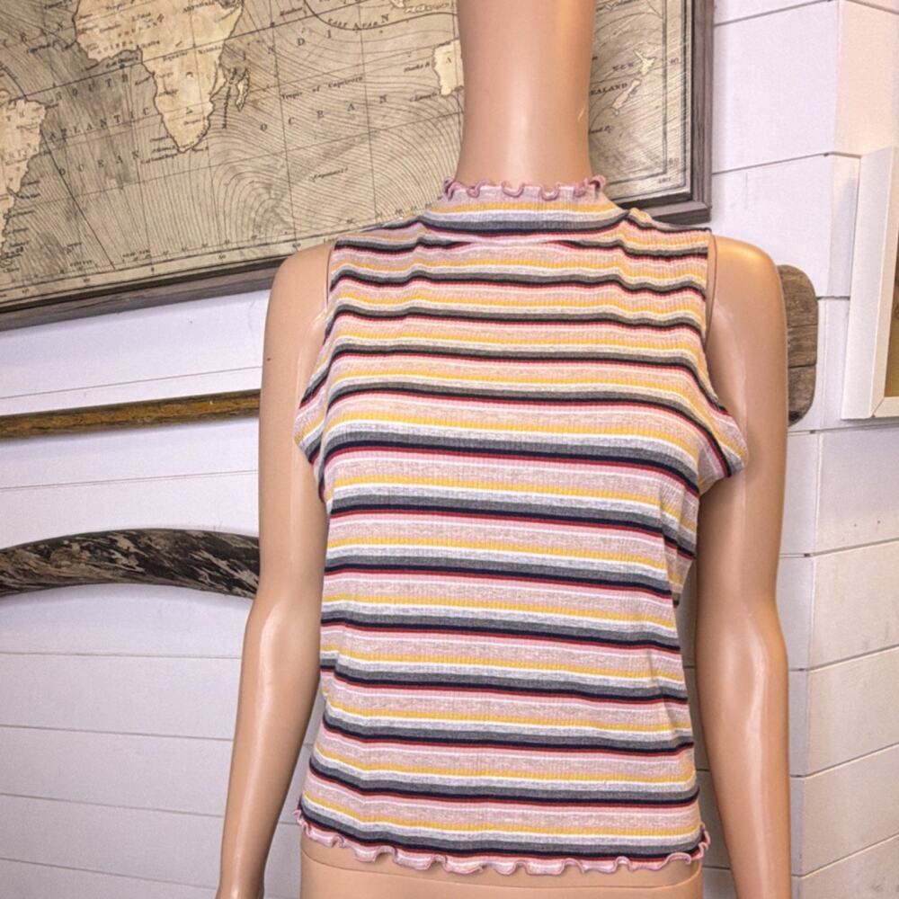 Candie's Pink Yellow Striped Knit Mock Neck Sleeveless Tank L Women